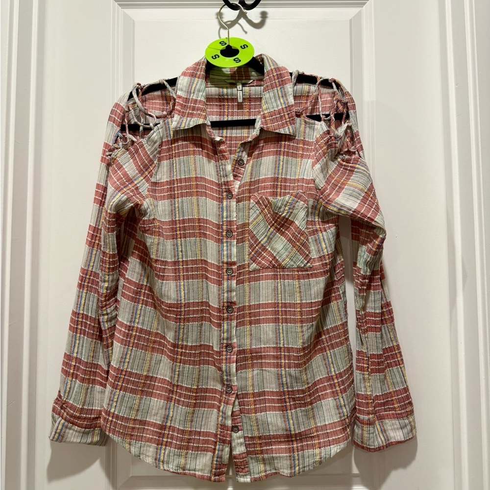 Plaid Cutout Button-Up Top